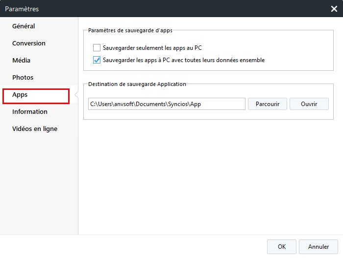 paramètres des applications syncios