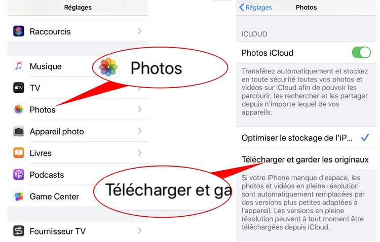 paramètres de photos icloud