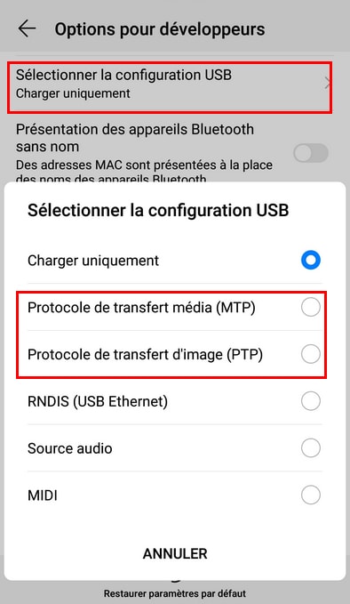 changer le mode de connexion USB