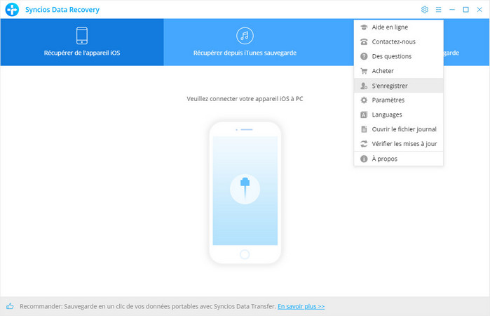 enregistrer la version de fenêtres de récupération de data iOS syncios