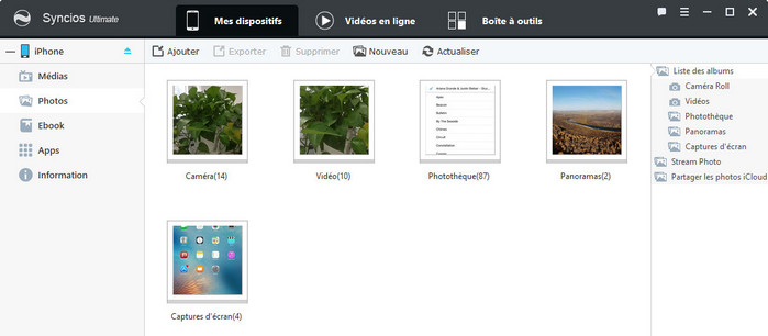 Gestion des photos iOS Syncios