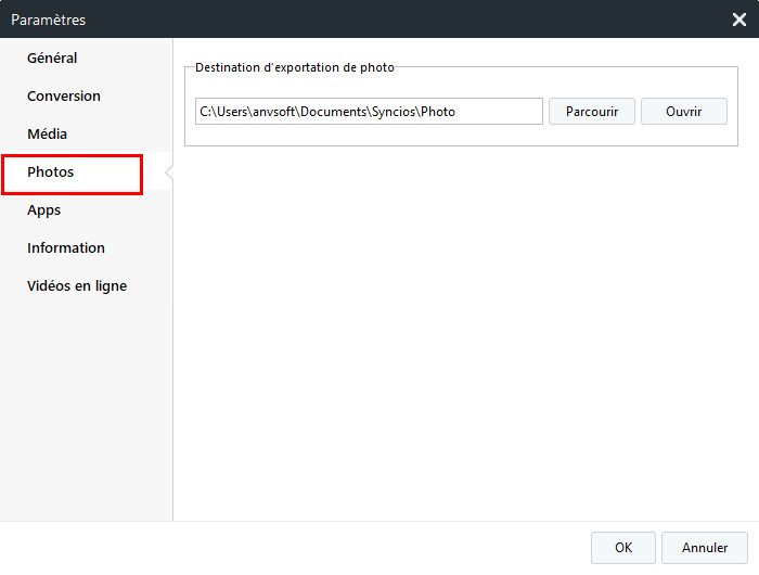 paramètres photo syncios
