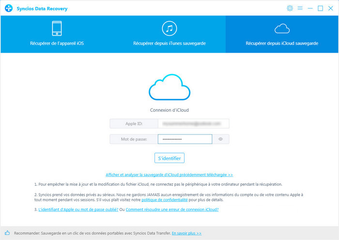 sign in to recover from iCloud backup file