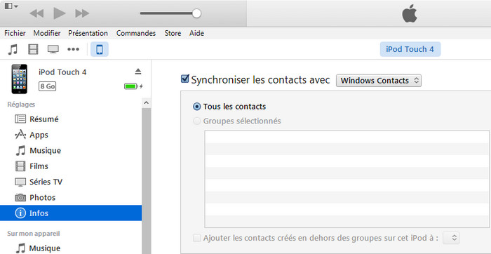 sauvegarder iPhone Contacts avec iTunes